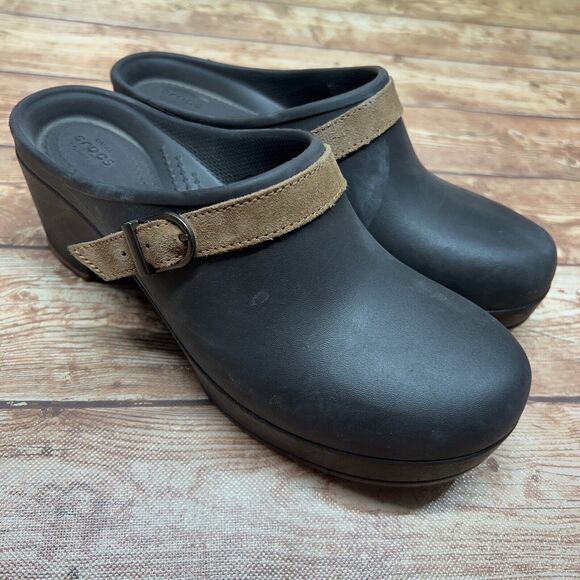 CROCS Sarah Belted Clogs 203631 Womens Brown Suede Leather Strap Slides Shoe 8 - Picture 1 of 14